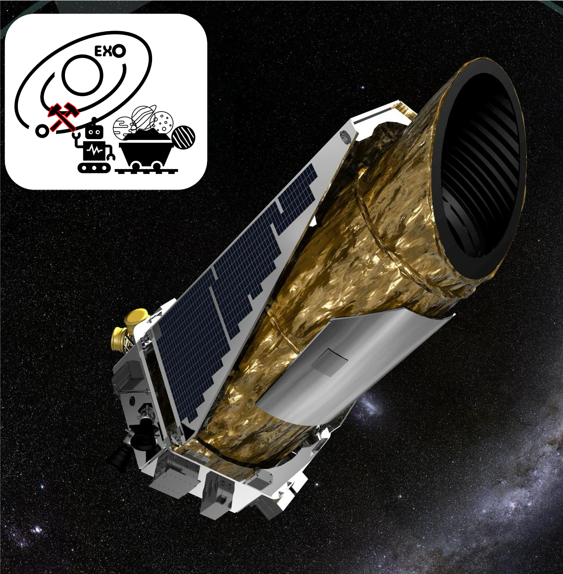 Kepler spacecraft artist depiction and ExoMiner logo.