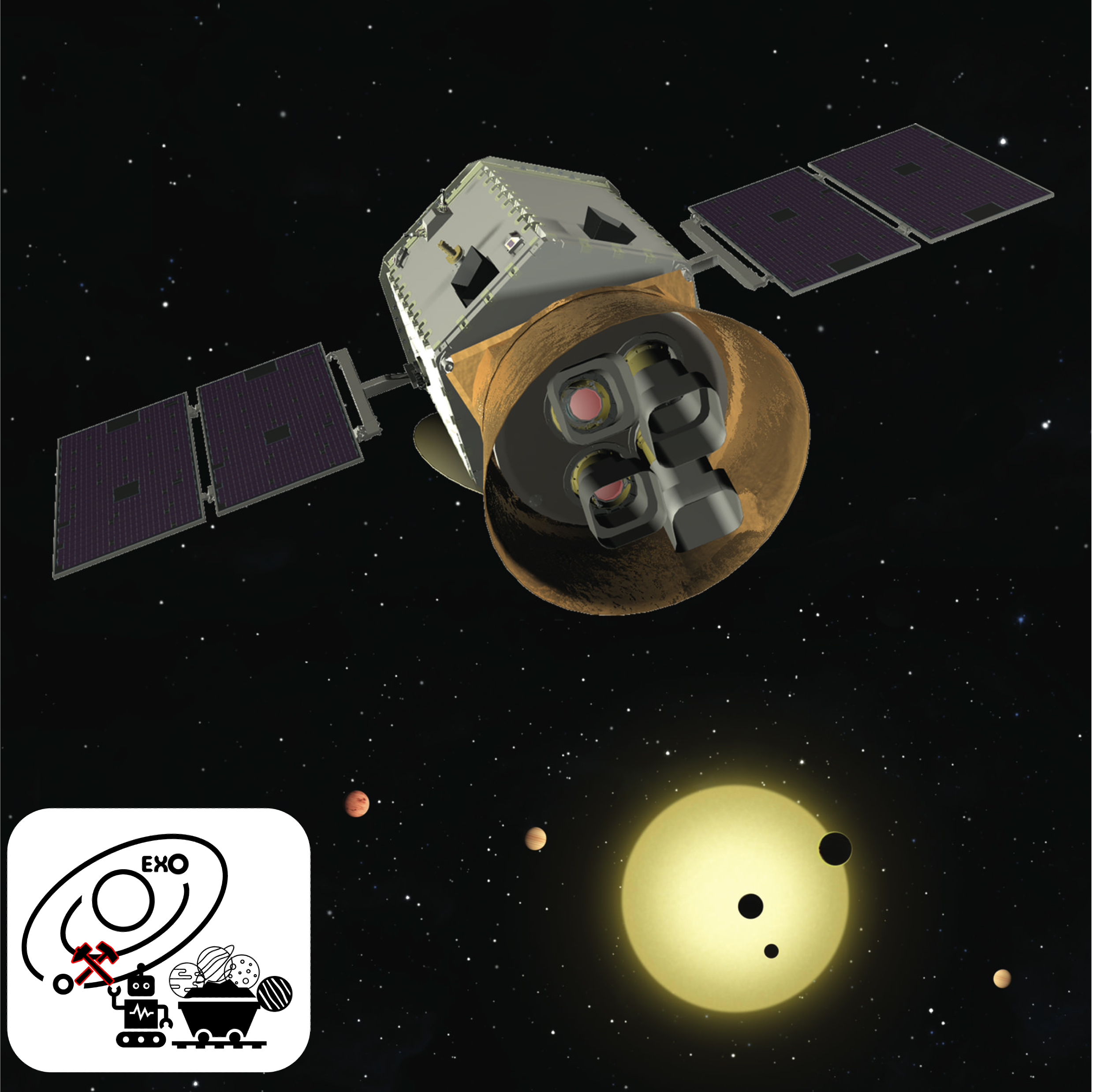 TESS spacecraft artist depiction and ExoMiner logo.